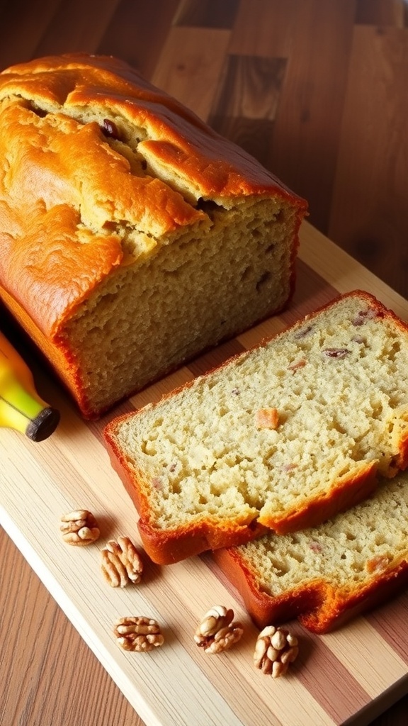 A loaf of banana bread on a cutting board, sliced to show its moist texture, with ripe bananas and walnuts.